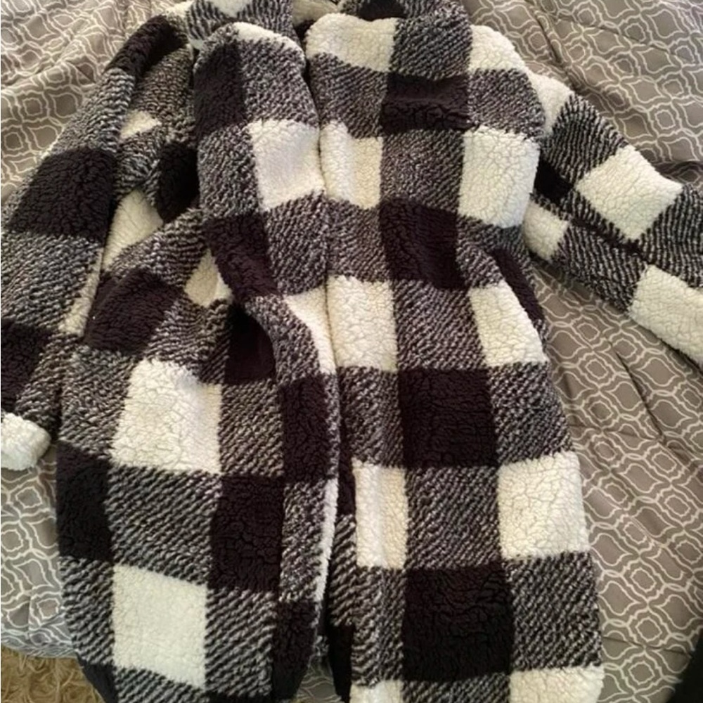 Cozy Black White Plaid Teddy Oversized Jacket Coat - Picture 9 of 9